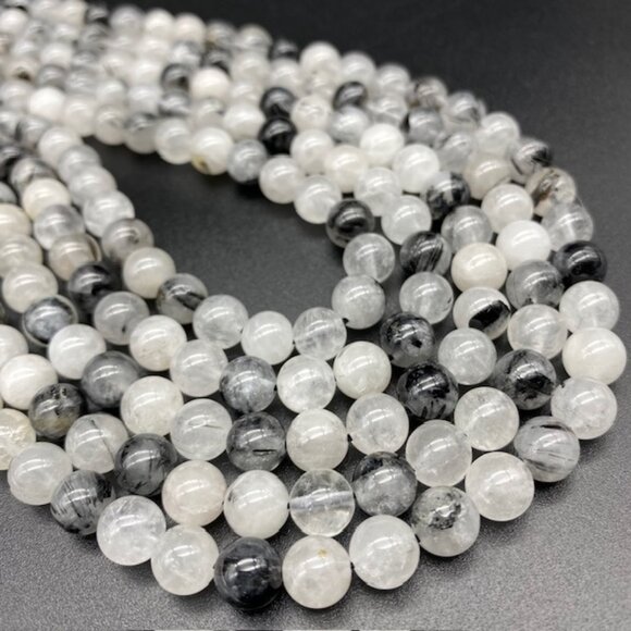 8mm Genuine Natural Tourmalinated Quartz Gemstone Bead Strand - Picture 3 of 3